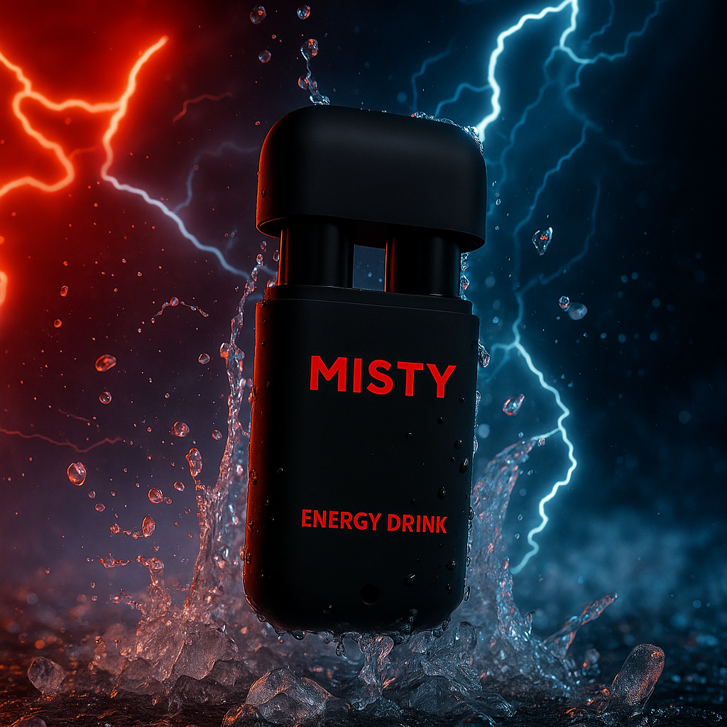 Misty energy drink bottle with red text on a dark background with lightning effects

