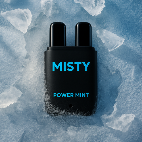 Black bottle labeled 'MISTY Power Mint' on a icy background
