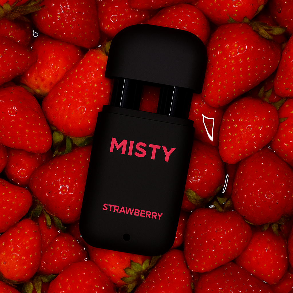 Black 'MISTY' strawberry product surrounded by red strawberries

