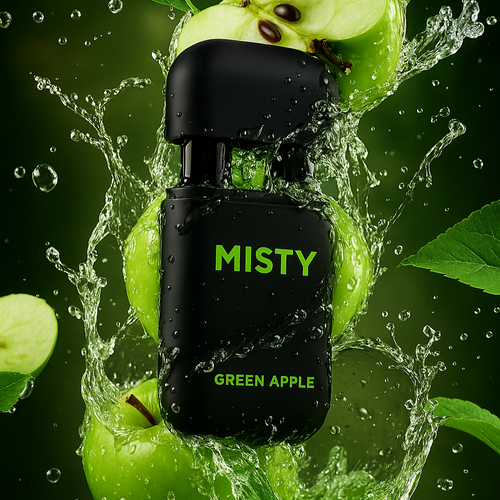 Black bottle labeled 'Misty Green Apple' surrounded by green apples and water droplets on a dark background
