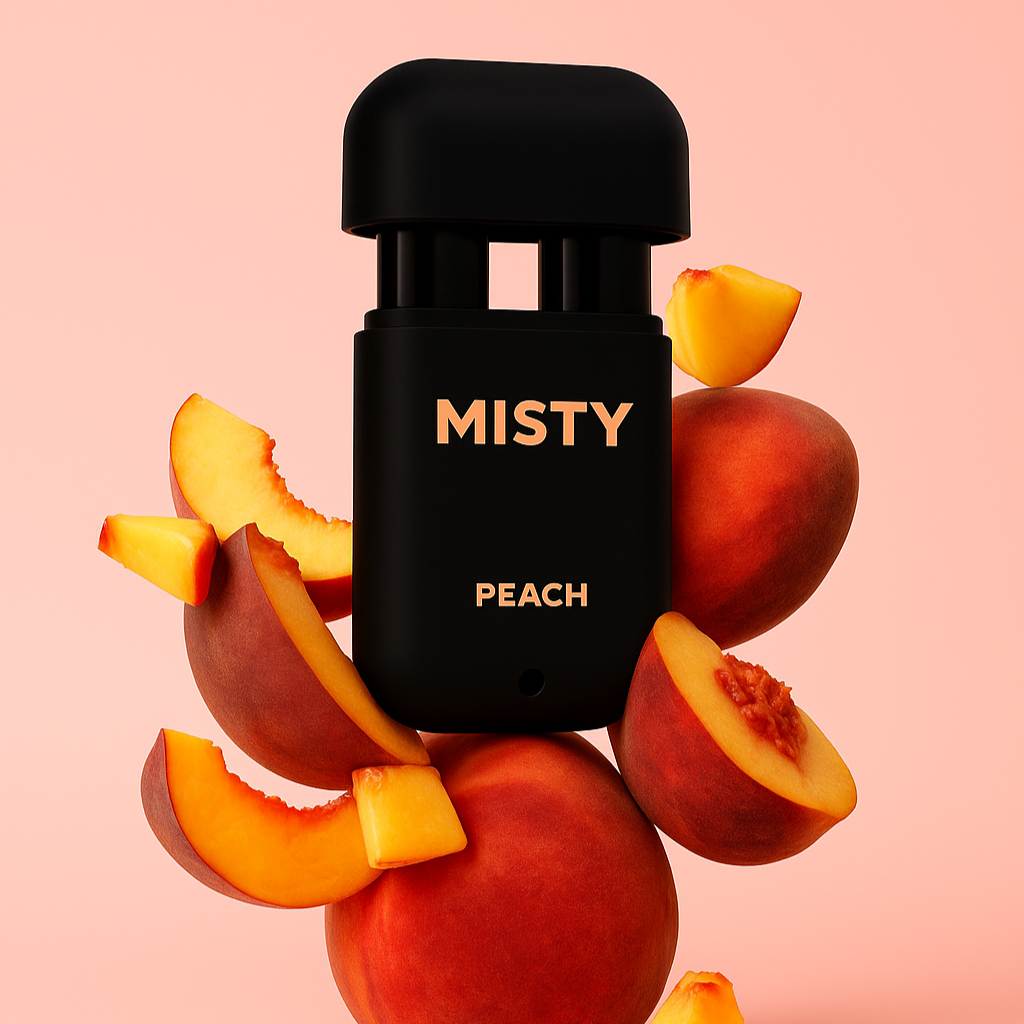   bottle labeled 'Misty Peach' surrounded by peach slices and whole peaches on a pink background

