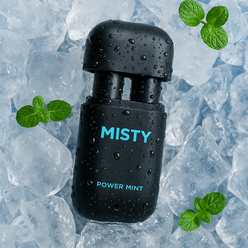Black 'MISTY' product on ice with mint leaves