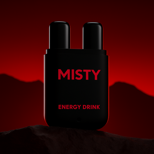 Black energy drink container with 'Misty' branding on a red background