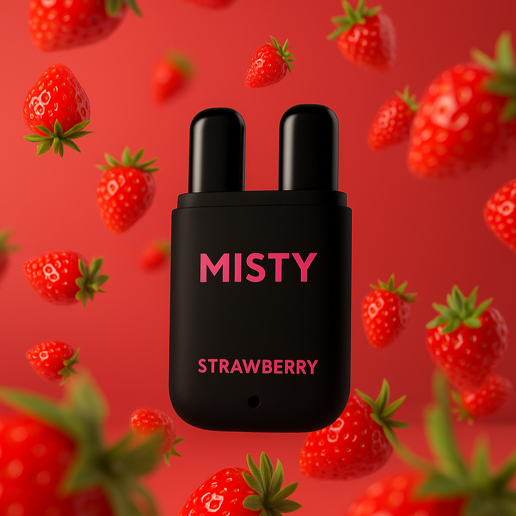 Black 'Misty Strawberry' bottle surrounded by strawberries on a red background

